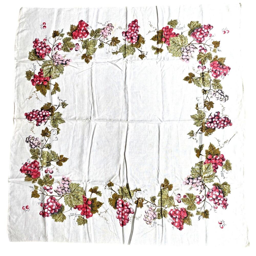 Square tablecloth printed cotton blend pink red grapes greenery vine border FLAW